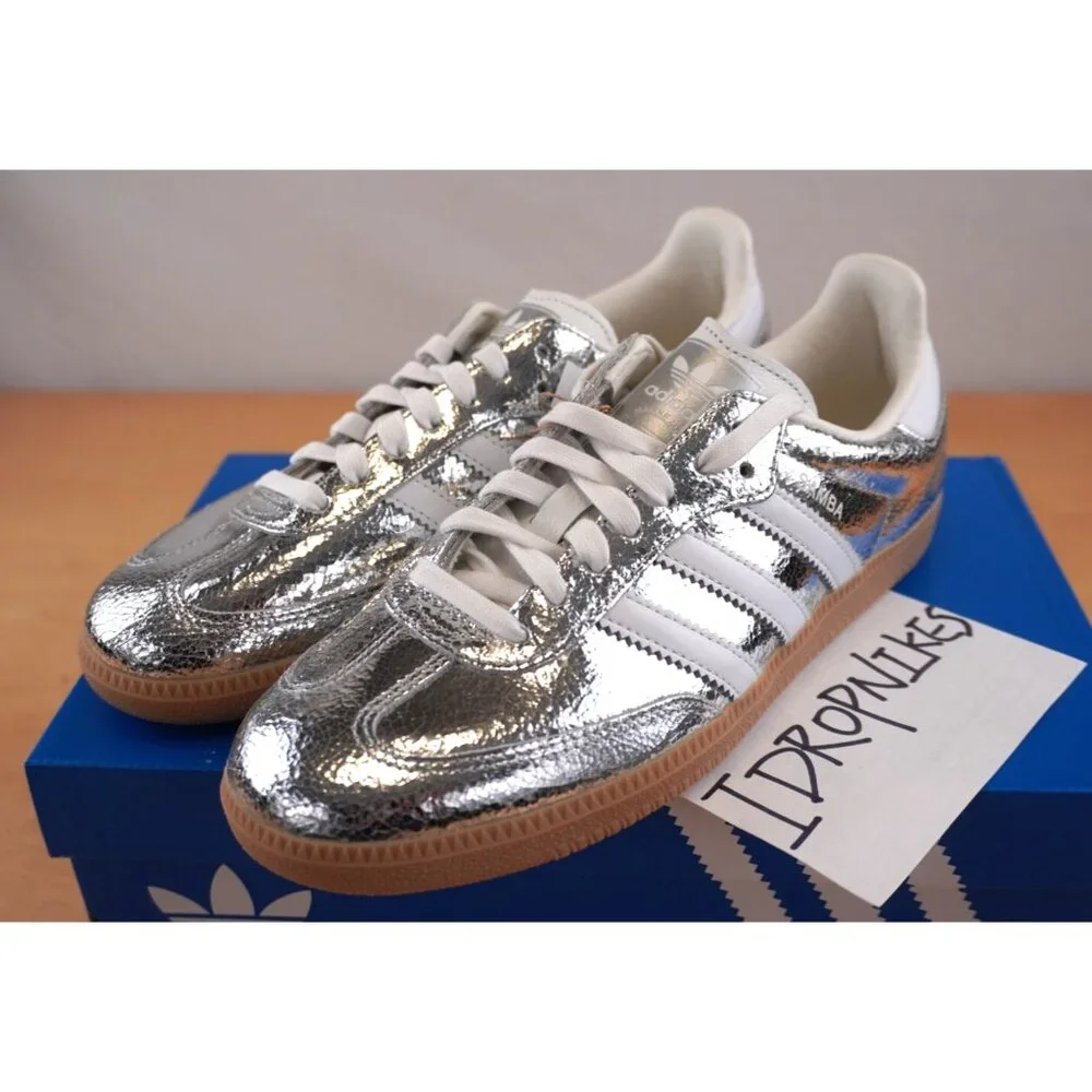 Adidas Samba OG Silver Metallic Cracked Leather Women's Shoes - Picture 4 of 11